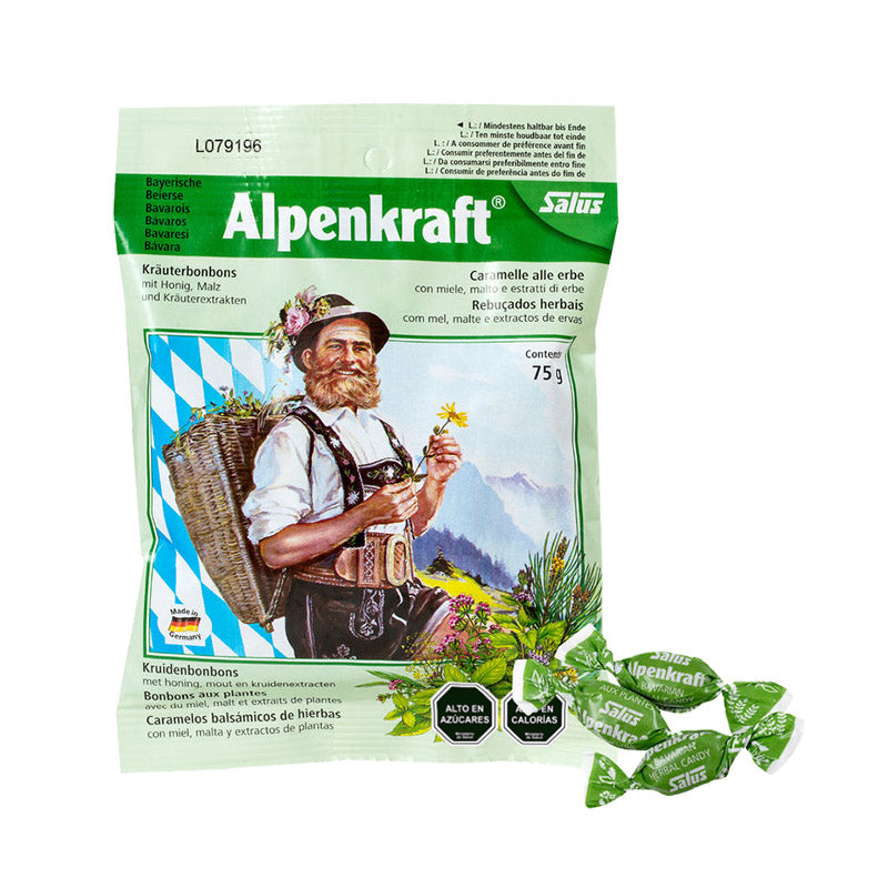 Caramelos Alpenkraft de 75 g de la marca SalusFlora, con sabor a caramelo y envase visible en la imagen